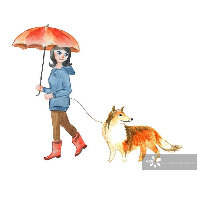 女孩带着伞遛狗。水彩插图卡通风格。图片素材