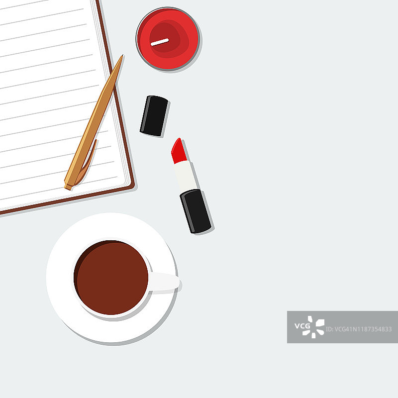 平铺文件，铅笔，口红，咖啡。商业女孩矢量插图。图片素材