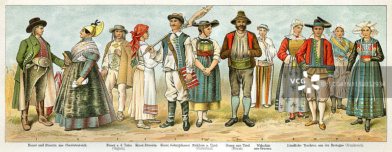 1897年，法国、匈牙利、奥地利的人们穿着传统服装图片素材