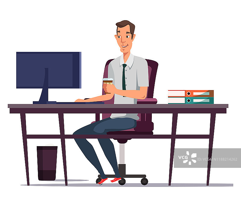 男人用电脑和喝咖啡插图。办公室工作人员坐在办公桌矢量剪贴画。午休时的商人。卡通人物穿着正式服装。人工作。图片素材