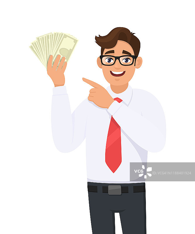 年轻的商人展示现金，钱和食指。持有纸币者。男性角色设计插画。人的情感和表情概念在矢量卡通风格。图片素材