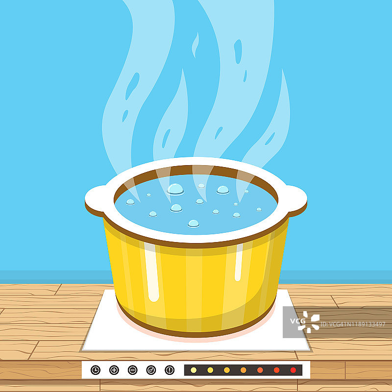 在锅里烧开水。煮锅在炉子上与水和蒸汽。矢量插图。图片素材