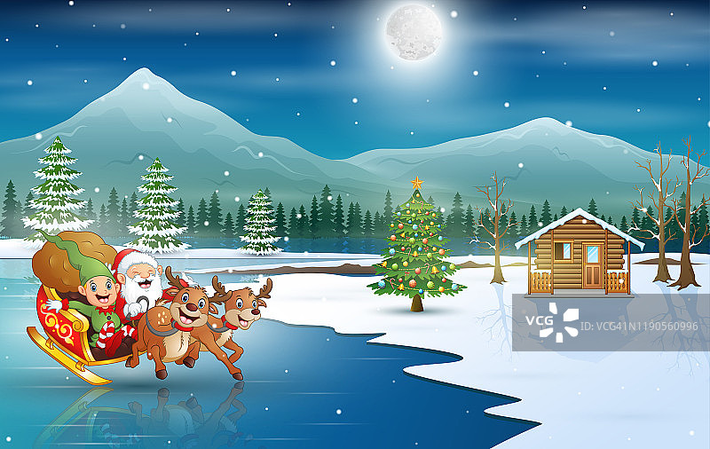 卡通圣诞老人在圣诞夜驾着他的雪橇图片素材