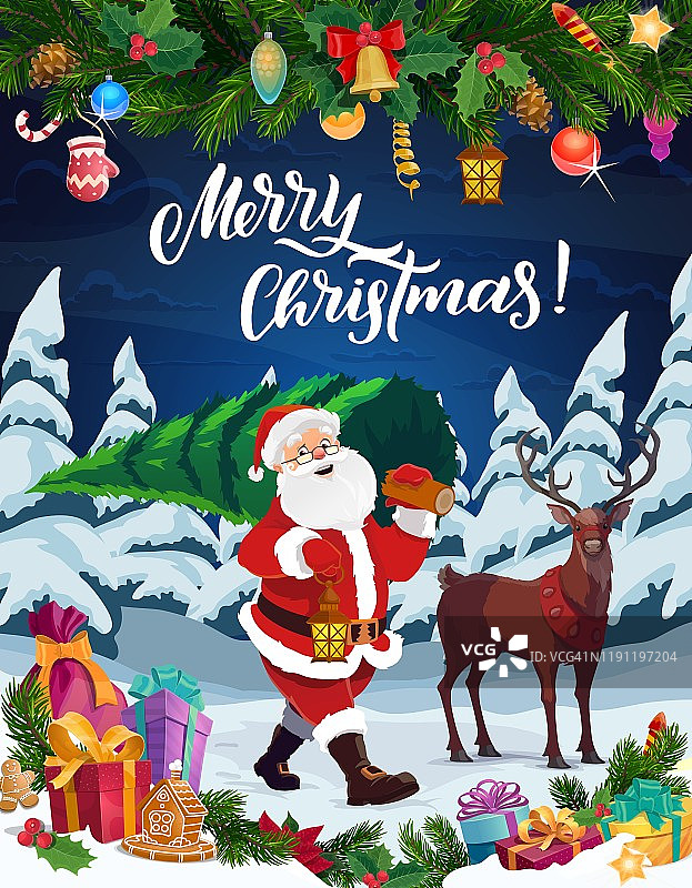 圣诞老人带着圣诞树，驯鹿和圣诞礼物图片素材