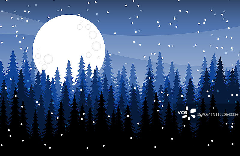 向量插图蓝色松树森林的剪影与雪花飘落在雾蒙蒙的蓝天与满月。自然景观背景。圣诞横幅或冬天的概念。图片素材