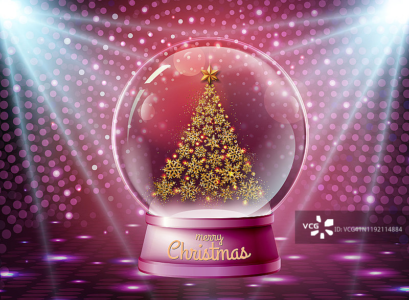 真实的矢量插图的雪花与金色的圣诞树里面。模糊的节日圣诞闪耀的背景图片素材