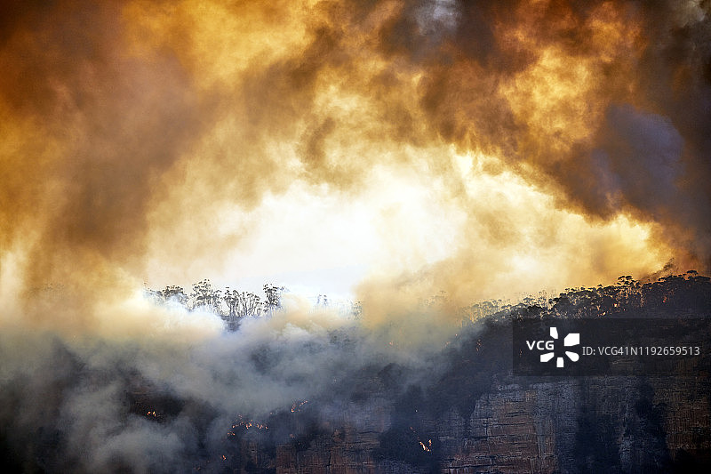 透过一大片烟雾从森林火灾，丛林火灾在蓝山，澳大利亚图片素材