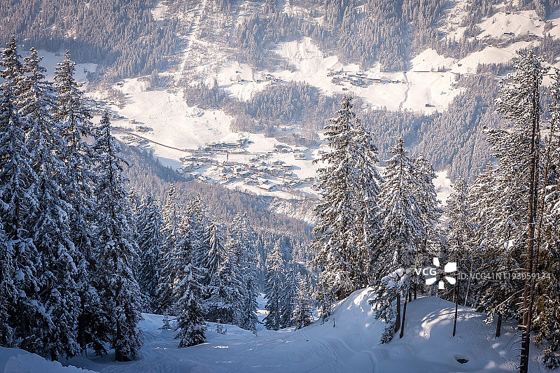 梅洛芬，奥地利齐勒塔尔山谷的背景是积雪的冷杉树，从山上看图片素材