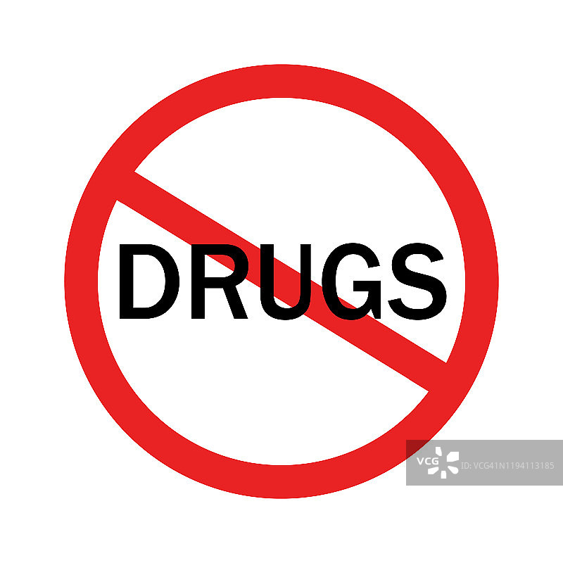 红色禁药标志上写着毒品字。在白色背景上隔离图片素材