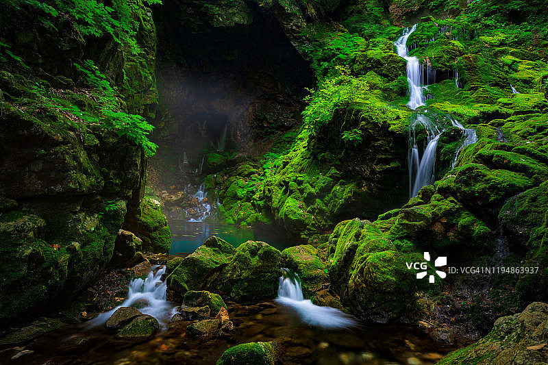 长曝光拍摄的Mugeon-ri Moss瀑布，三陟，韩国图片素材