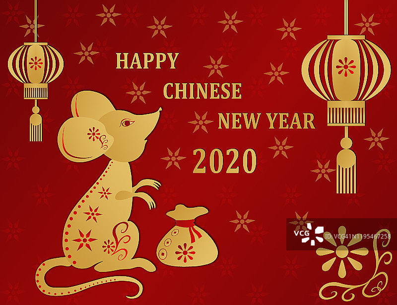 2020年新年快乐，春节问候，鼠年，鼠带一袋钱图片素材
