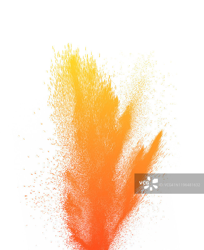 由一团橙色粉末颗粒在白色背景上的冲击而产生的爆炸。图片素材