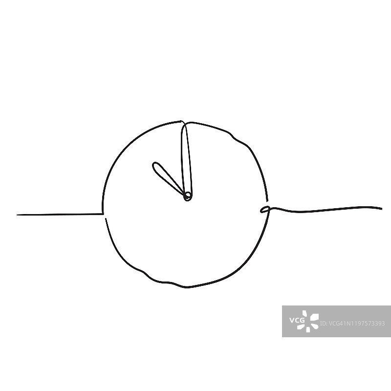 连续单线绘制时钟图标与涂鸦手绘风格的白色背景图片素材