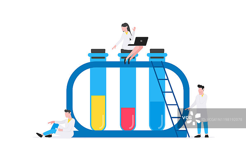 医疗保健医学概念与小的人医生和大的一套烧瓶矢量插图孤立在白色的背景。适合横幅，网站，卡片。图片素材