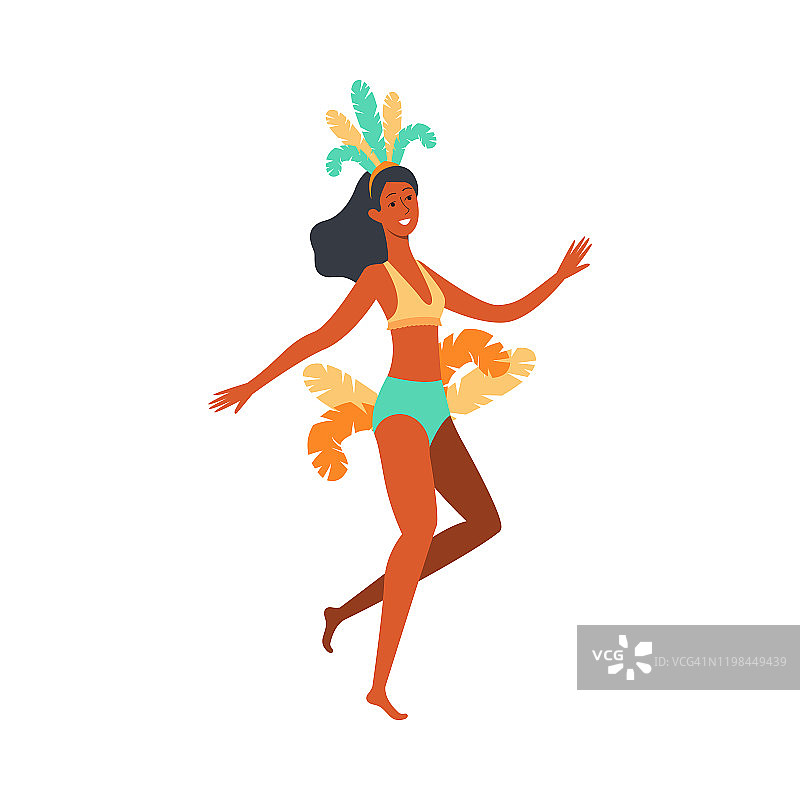 巴西狂欢节女舞者在多彩的羽毛头饰与羽毛尾巴图片素材