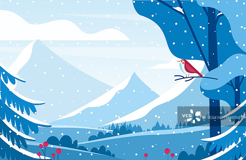 冬季风景平面矢量插图。孤独的鸟看雪山。极简主义的寒冷季节景观与雪谷和冷杉树。冬天森林里的红色鸣禽。图片素材