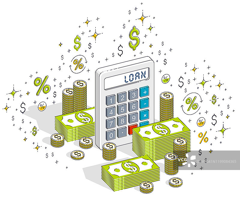 计算器与现金堆和硬币堆隔离在白色背景下，贷款的概念。等距3d矢量财务插图与图标，统计图表和设计元素。图片素材