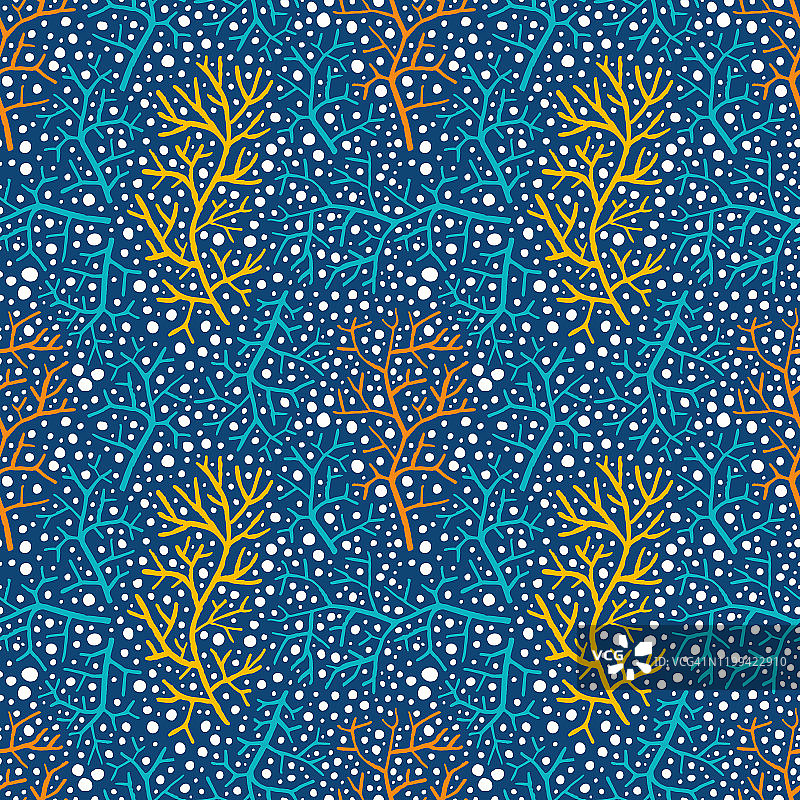 手工绘制的光秃秃的树枝和雪花无缝图案的秋天的颜色。图片素材