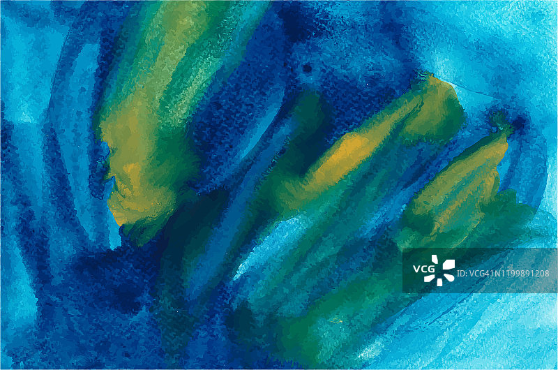 淡蓝色和黄色彩色水彩抽象矢量背景。手绘天蓝色和绿色笔触图片素材
