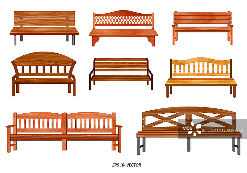 一套逼真的长凳木凳花园或街道长凳座椅或卡通长凳。图片素材