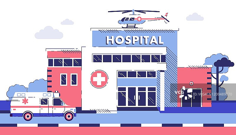 医疗理念与医院建筑在平面线艺术风格。图片素材