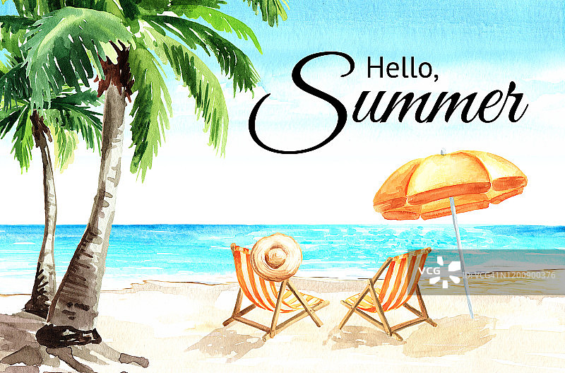 海景。热带海滩与海，白色的沙子，棕榈树，太阳躺椅和沙滩伞，夏季度假概念和卡片。手绘水彩插图图片素材