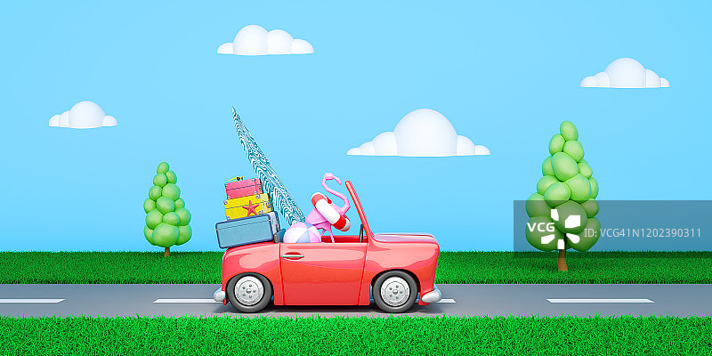 带着行李的汽车为暑假做好了准备。旅行概念3D渲染图片素材