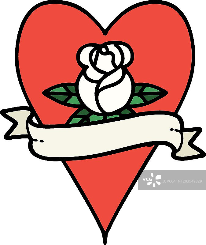 传统的心形玫瑰和旗帜纹身图片素材
