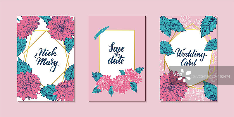 一套婚礼邀请卡与黄金几何多边形线，轮廓粉红菊花。设计婚庆、生日、情人节、母亲节、周年纪念日贺卡。图片素材