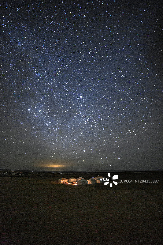 星夜和银河在撒哈拉沙漠，摩洛哥，非洲照明帐篷图片素材