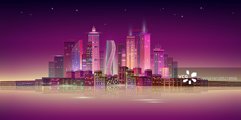 夜晚的城市全景与霓虹灯在紫色的背景。向量。图片素材
