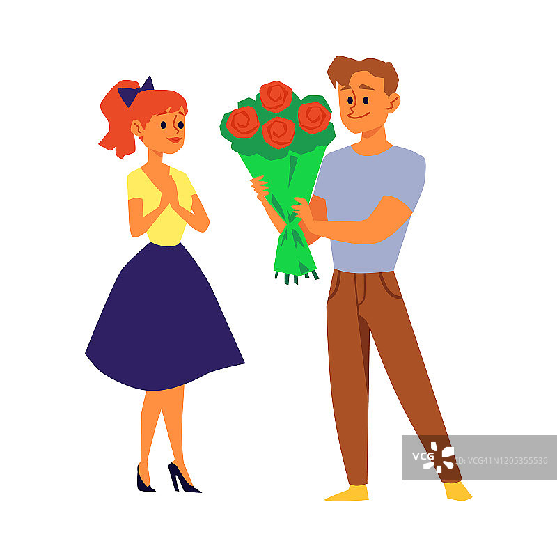 卡通夫妇和花束-年轻男子给女人玫瑰花图片素材