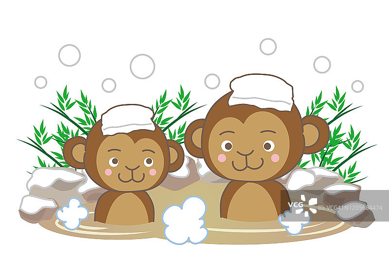 猴子们在雪中享受温泉。图片素材
