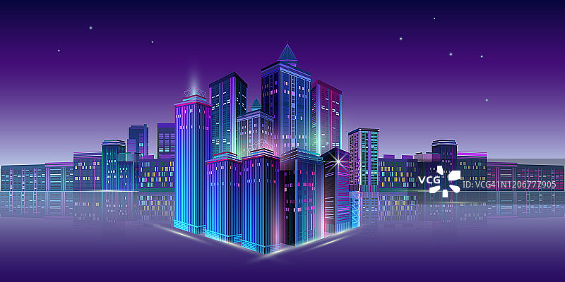霓虹闪烁的城市夜景。矢量插图。图片素材