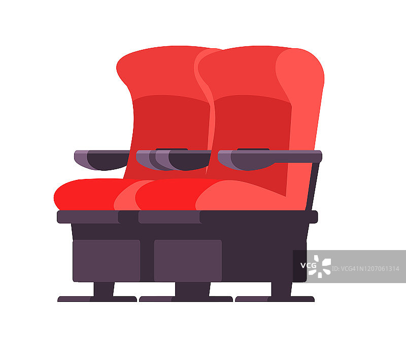 电影座椅矢量插图。卡通电影院舒适的椅子孤立的剪贴画在白色的背景。红色现代扶手椅是礼堂和音乐厅的设计元素。图片素材