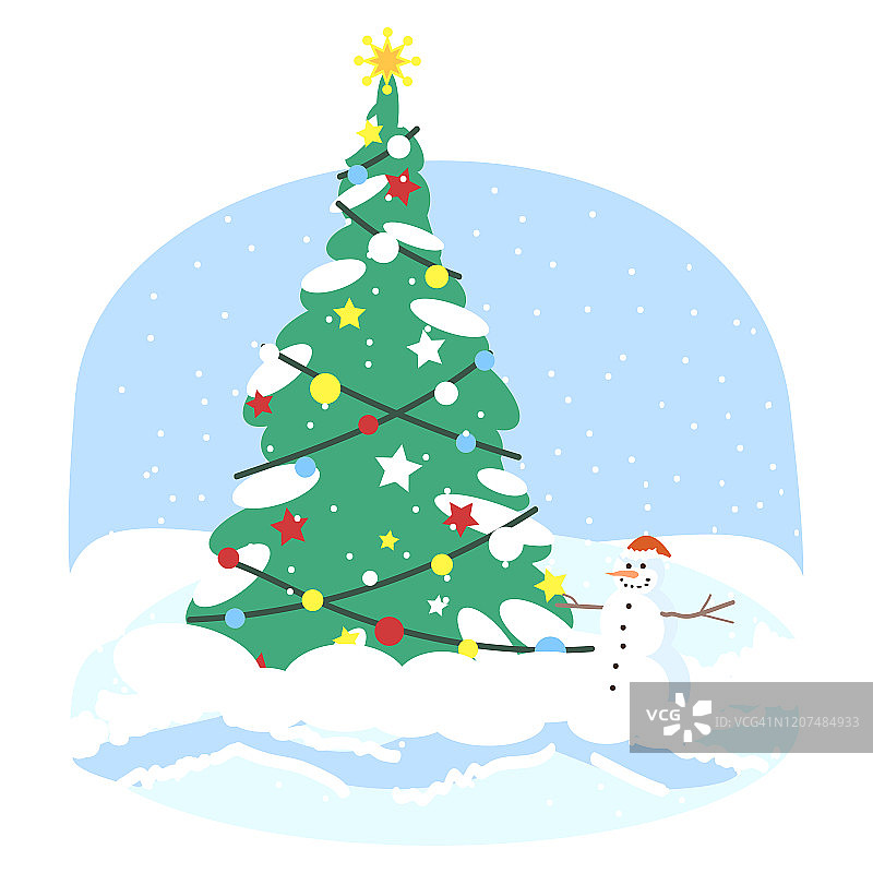 圣诞树平面矢量插图。圣诞冷杉树用雪人和节日彩灯装饰卡通剪报。新年冬季户外装饰。圣诞贺卡设计元素图片素材