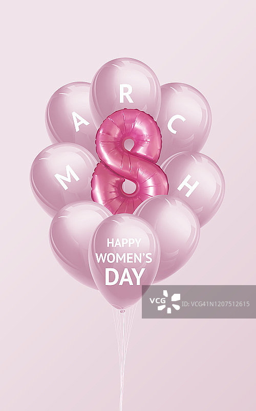 3月8日。国际妇女节横幅。现实的3D矢量插图与一堆飞行氦气球与铝箔气球在数字8的形式。图片素材