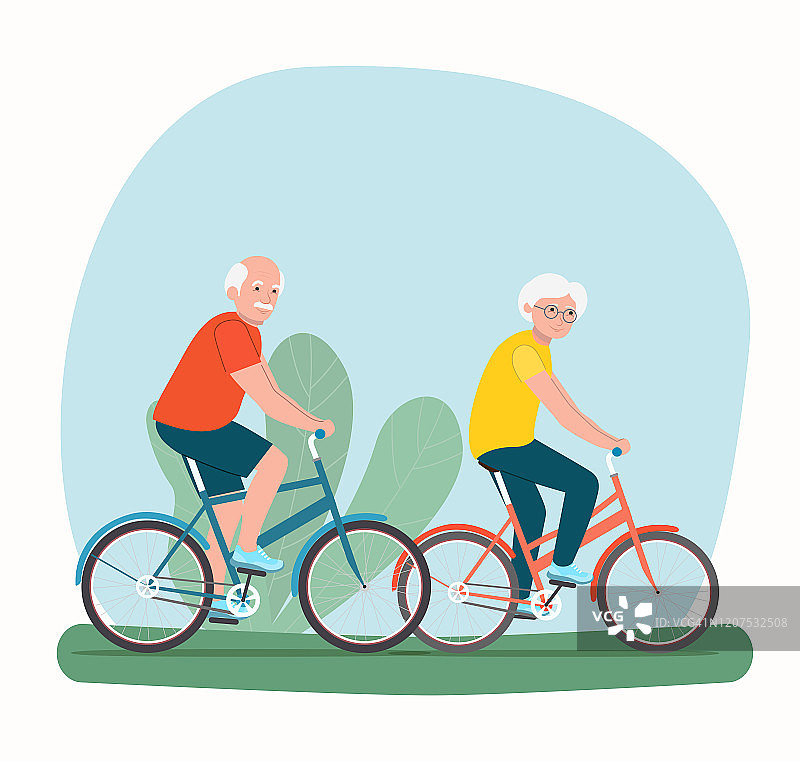 爷爷和奶奶独自骑着自行车。矢量平面样式插图图片素材