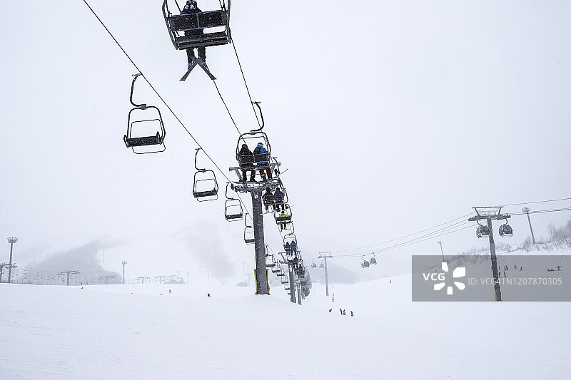 冬季，高山和滑雪设备在滑雪道上运行图片素材