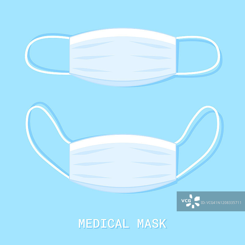 医用屏蔽绷带，蓝色背景。盖住口鼻的外科口罩。保护的概念。矢量图图片素材