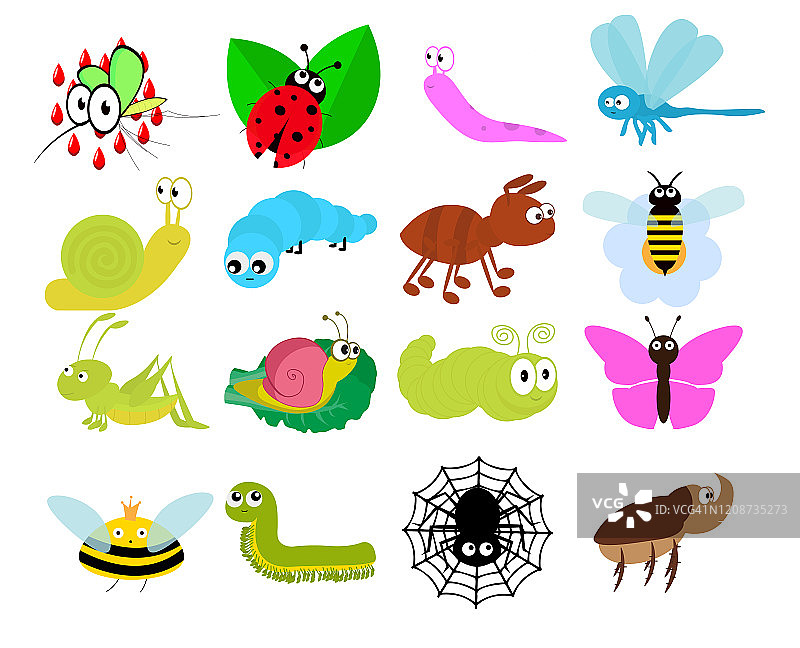 一组昆虫图标。卡哇伊。瓢虫、蚊子、蝴蝶、犀牛甲虫、蜈蚣、蚱蜢、毛毛虫、蜘蛛、蜗牛、蜻蜓、蚂蚁、蠕虫、蛞蝓、黄蜂、蜜蜂。平面设计。向量图片素材