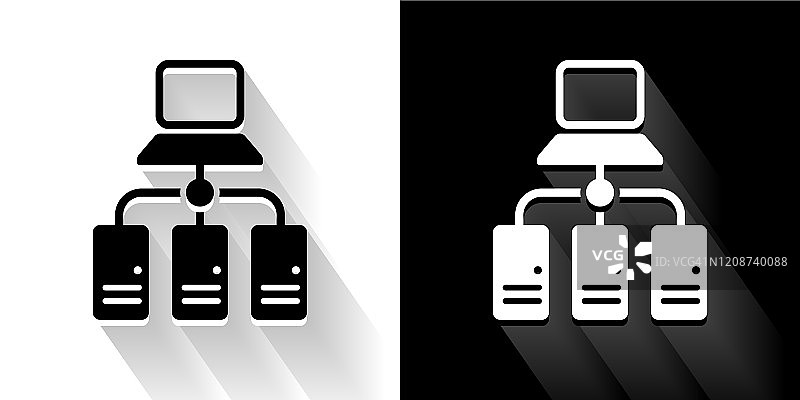 电脑和服务器黑色和白色图标与长影子图片素材
