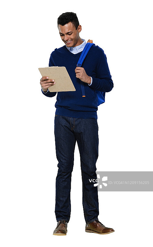 z一代男性穿着毛衣站在白色背景前握着合同图片素材
