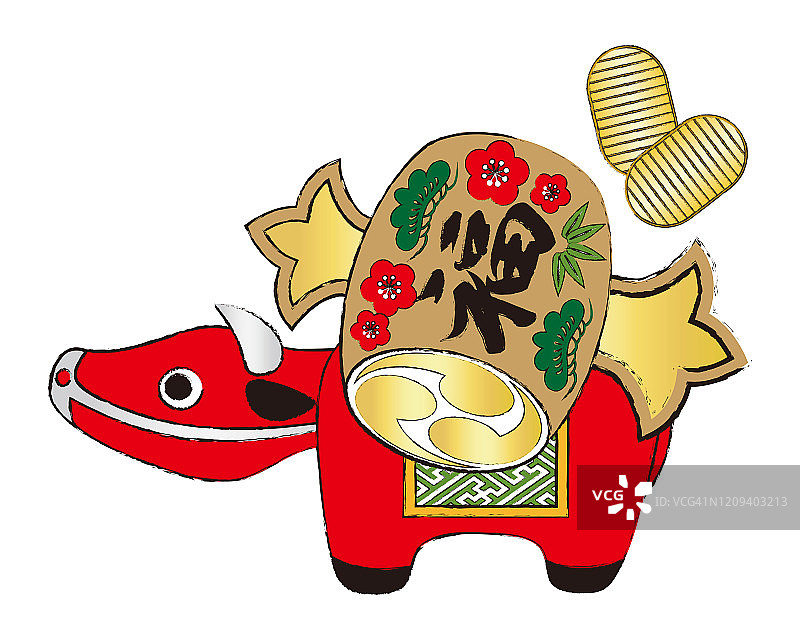 Cow figurine. a mallet of luck of japan.  vector illustration Translation: 福 means Fortune.图片素材