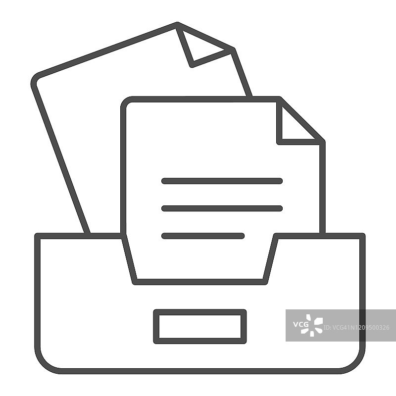档案盒与文件细线图标。抽屉与文件矢量插图孤立在白色。Paper storage outline style design，专为web和app设计。Eps 10。图片素材