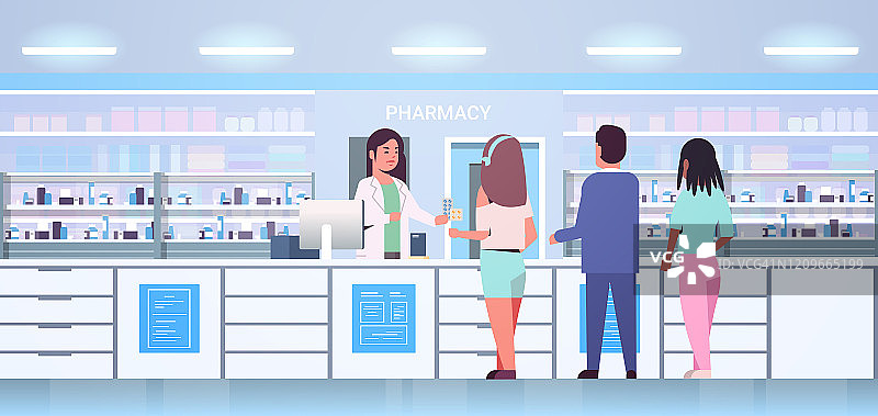 女医生药剂师给药混合种族顾客病人在药房柜台现代药店内部药物保健概念水平全长图片素材
