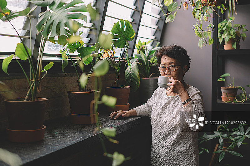 一位活跃的亚洲华裔年长女性正在办公室休息室喝咖啡休息图片素材
