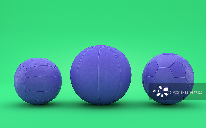 排球，足球和棒球在平面单色绿色场景，单色，3d渲染图片素材