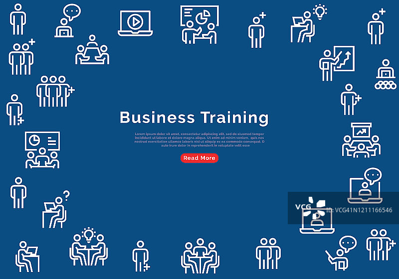 商业培训横幅与线条图标在蓝色的背景。矢量图图片素材