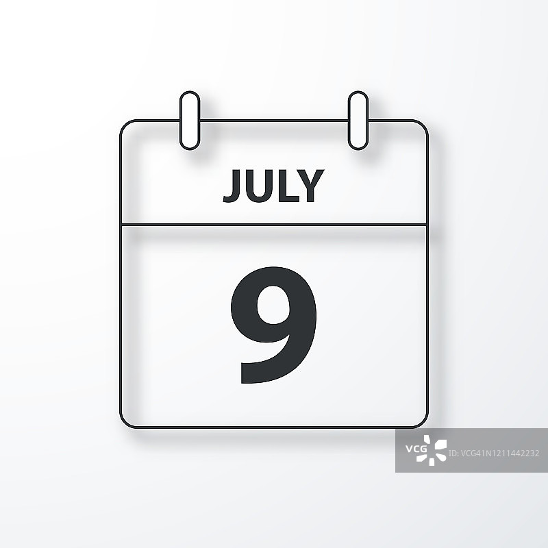 7月9日-每日日历-黑色的轮廓与阴影在白色的背景图片素材